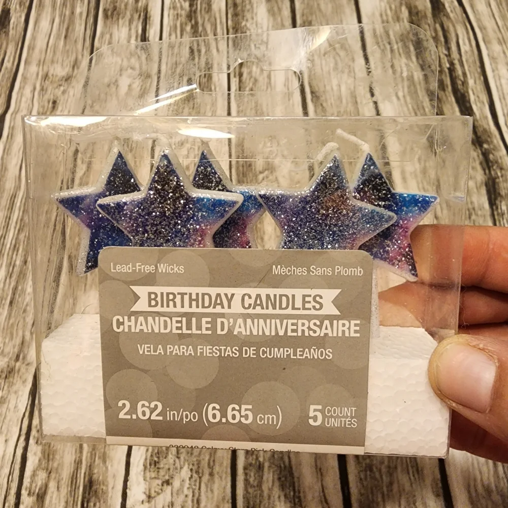 Star birthday cake candles, Blue and purple glitter, set of 5.